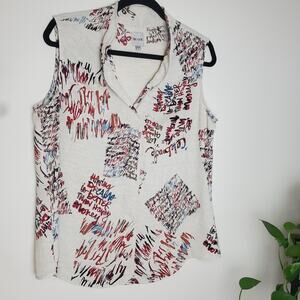 NIC+ZOE Scattered Letters Tank Top Blouse V-Neck Graffiti Print Cream Multi L
